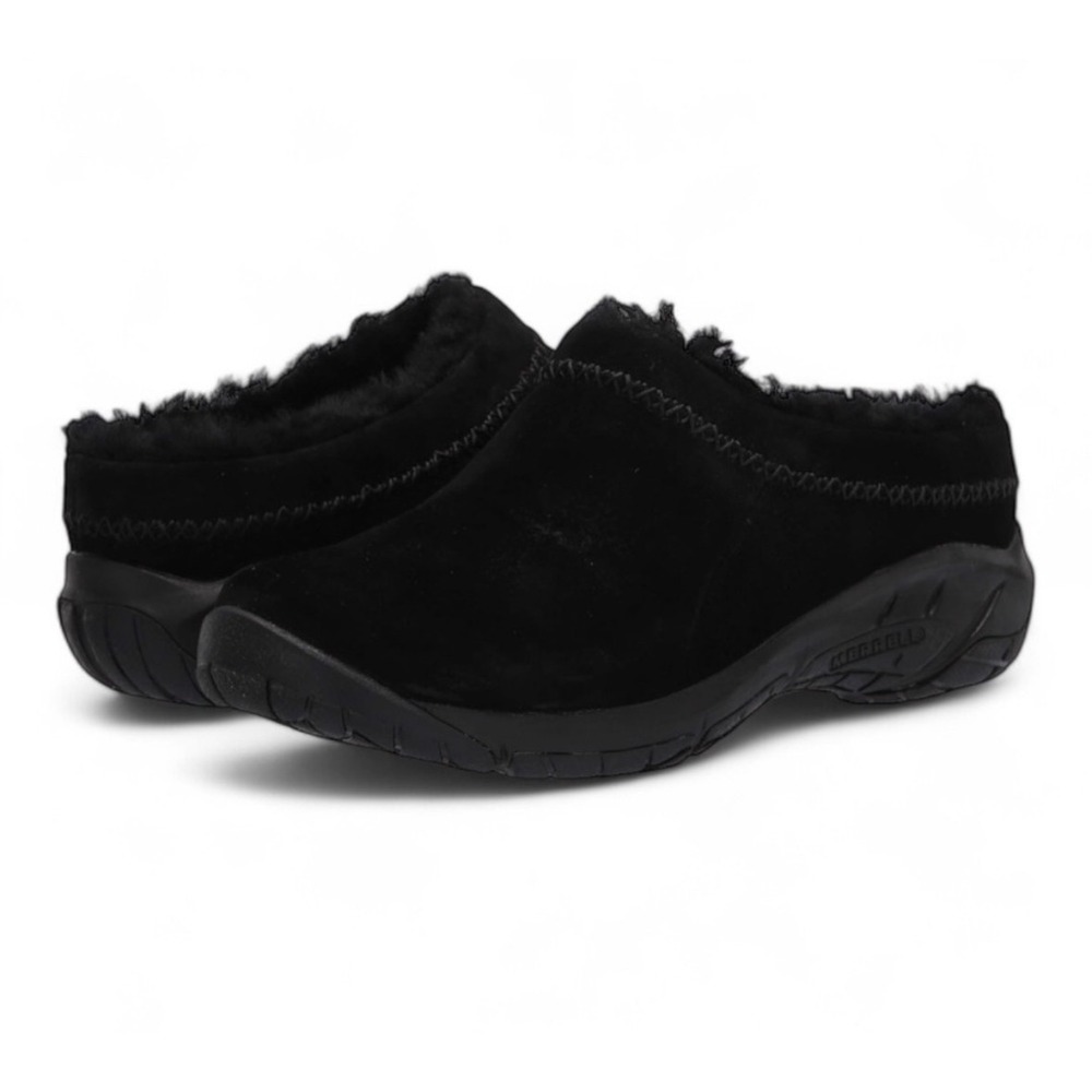Merrell Encore Ice Black Suede Faux Fur Lined Clogs Mules Shoes Womens